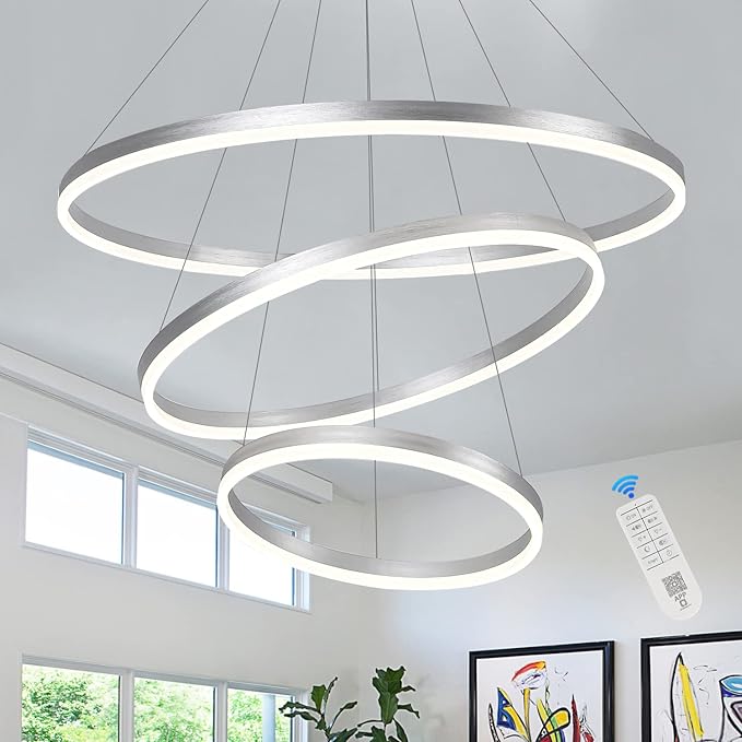 3-Rings D31.5’’ Modern LED Chandelier Silver, Dimmable Pendant Lighting with Remote Control Circular Flush Mount High Ceiling Light for Living Dining Room Bedroom Foyer, 3000K-6500K