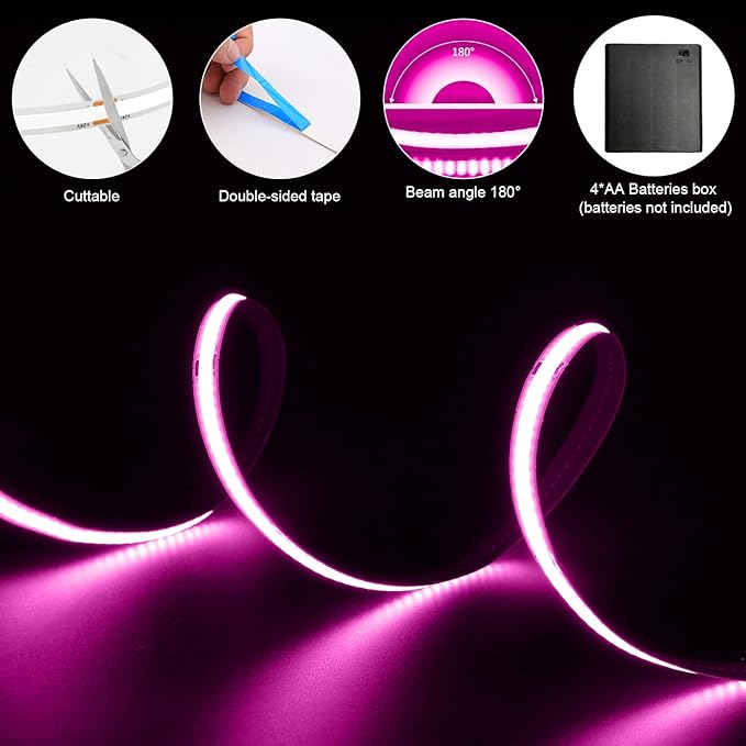 Battery Powered COB Led Strip Lights, 4.92Ft Battery Operated Pink LED Strip Light, High Brightness Flexible LED Tape Lights for Room, Cabinet, Bedroom, Kitchen, Party, Home DIY Decoration
