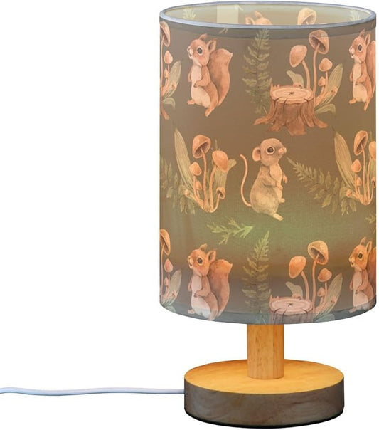 Table Lamp with Squirrel Mouse Stump Fern Mushroom Forest Animal Pattern - Wood Base Fabric Shade Nightstand for Living Room Bedroom Kids Room Office