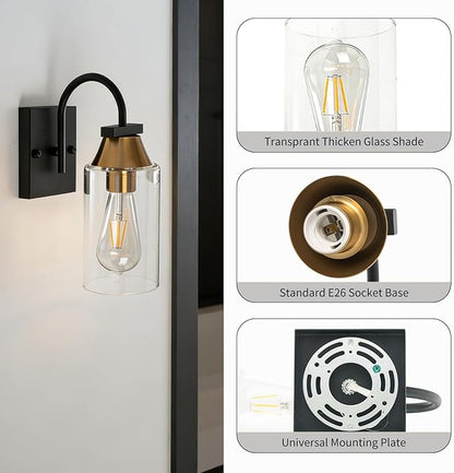 Bathroom Wall Sconces Set of 2,Black and Gold Farmhouse Lantern Sconces Set of 2,Side Light for Wall,Modern Hallway Wall Light(2 Pack) No Bulbs