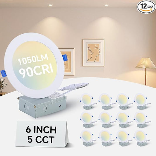 Simple Deluxe 12 Pack 6 Inch Ultra-Thin Recessed Ceiling Light with Junction Box,2700K-5000K 5CCT,1050LM 12W Eqv 110W Brightness Dimmable Canless Wafer Downlight ETL&FCC
