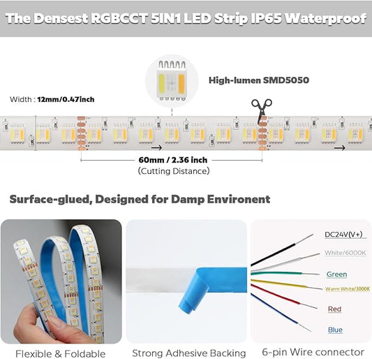 IP65 Waterproof RGBCCT LED Strip, 24V 5m 16.4ft 5050 560 LEDs 12mm Width Flex Cut to Length Dimmable RGBWW LED Strip Light for Damp Environment (16.4Ft IP65 Waterproof)
