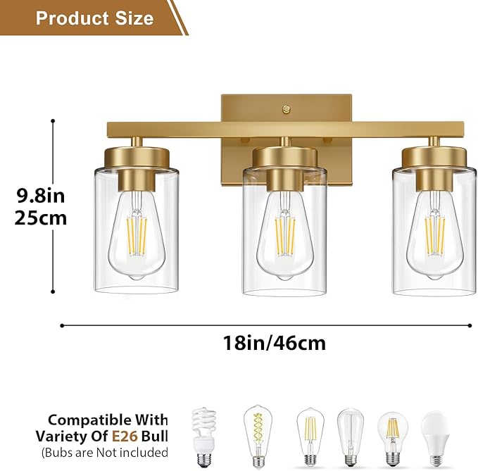 IZORRO Modern Bathroom Light Fixtures, 3 Light Brushed Gold Vanity Lights, Bathroom Lighting Fixtures Over Mirror with Clear Glass for Living Room Cabinet Bedroom