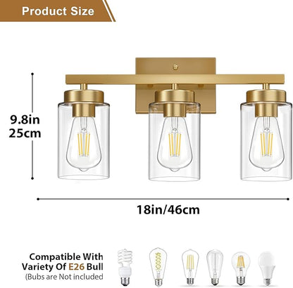 IZORRO Modern Bathroom Light Fixtures, 3 Light Brushed Gold Vanity Lights, Bathroom Lighting Fixtures Over Mirror with Clear Glass for Living Room Cabinet Bedroom