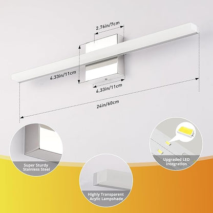 Combuh LED Bathroom Vanity Light Bar 24Inch 14W IP44 Chrome Shining Over Mirror Lighting Fixture Indoor Wall Sconces Modern Bright White 4000K