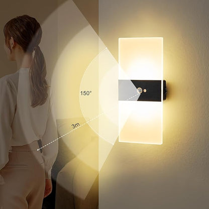 Motion Sensor Wall Light, Battery Operated Wall Sconce, Rectangle LED Wall Lights for Room Decor, Dimmable, Rechargeable, Small Night Lights for Hallway Stairway Porch Closet, 1-Pack