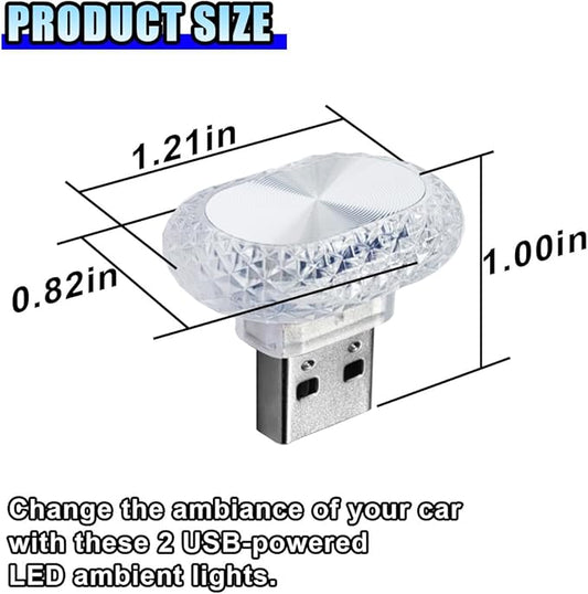 2PCS USB LED Car Interior Night Light, Crystal Mini Decoration Neno Ambient Light Car Interior Atmosphere Lamp, Plug-in USB Interface Auto Trunk Ambient Lighting Kit Universal for Cars (White)