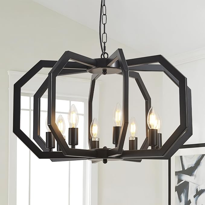 Lanhall 8 Black Light Farmhouse Chandelier Dining Room Light Fixture Geometric Modern Rustic Hanging Pendant Light for Living Room, Kitchen Island, Foyer, Entryway, Hallway, Stairway