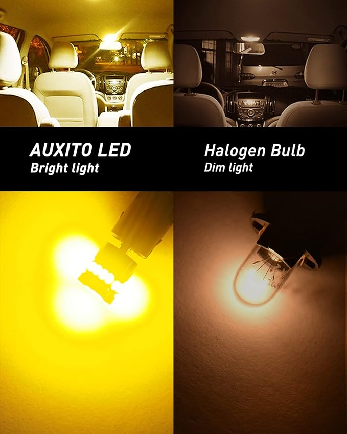 AUXITO 194 LED Light, Amber Yellow 168 2825 W5W T10 Wedge LED Replacement Light Kit Error Free for Car Dome Map Door Parking License Plate Marker Lights, Pack of 10