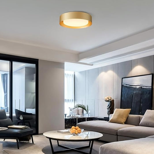 Yiisem Modern Glass Gold Flush Mount Ceiling Lights, 16.5" Minimalist Round Ceiling Lighting, Drum Close to Ceiling Light Fixtures for Living Room, Bedroom, Dining Room, Kitchen, Hallways