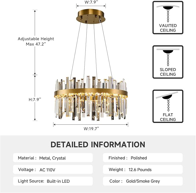 Gold Led Modern Crystal Chandelier: 19.7" Round Contemporary 3 Color Dimmable Dining Room Light Fixture over Table - Smoke Grey & Clear Crystals Chandeliers for Bedroom Living Kitchen Entryway Foyer