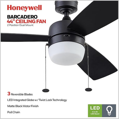 Honeywell Ceiling Fans Barcadero Contemporary 44 Inch Ceiling Fan with Light, Pull Chain, LED Indoor Fan with 3 Blades, Matte Black (51476-01)