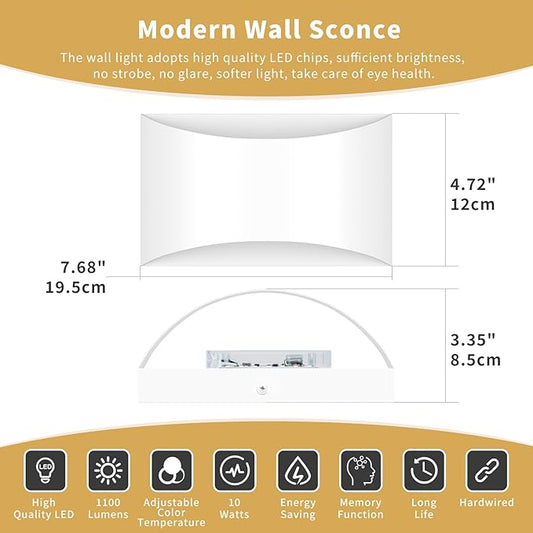Black Modern LED Wall Sconce, 3 Colors Indoor Wall Lights, 10W Hardwired Up and Down Aluminum Wall Mount Lamp for Bedroom Living Room Hallway Corridor (White, 6 Pack)