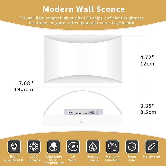 Black Modern LED Wall Sconce, 3 Colors Indoor Wall Lights, 10W Hardwired Up and Down Aluminum Wall Mount Lamp for Bedroom Living Room Hallway Corridor (White, 1 Pack)