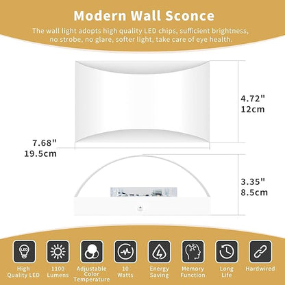 Black Modern LED Wall Sconce, 3 Colors Indoor Wall Lights, 10W Hardwired Up and Down Aluminum Wall Mount Lamp for Bedroom Living Room Hallway Corridor (White, 1 Pack)