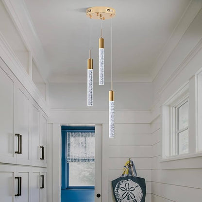 Modern Crystal Chandelier 3-Lights, Spiral LED Raindrop Kitchen Island Pendant Lighting, Bubble Foyer Dinimg Room Hanging Light Fixture Remote Control Gold