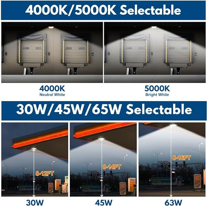 Konlite 63W/45W/30W LED Canopy Light - Selectable - 5000K/4000K - 9,360LM - Dimmable - 120-277V - 250W Equal, Residential & Commercial Indoor & Outdoor Light Fixture, UL, Dark Bronze - 6 Pack