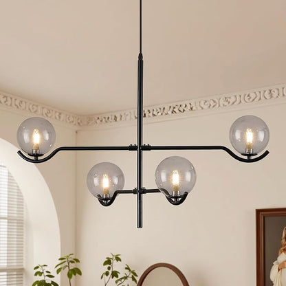 CATINER Modern Black Sputnik Chandelier, Large 4 Lights L31 '' Mid Century Long Ceiling Pendant Light with Smoke Gray Glass Globe Shades for High Ceiling Living Dining Room Foyer Bedroom