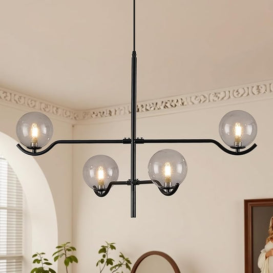 CATINER Modern Black Sputnik Chandelier, Large 4 Lights L31 '' Mid Century Long Ceiling Pendant Light with Smoke Gray Glass Globe Shades for High Ceiling Living Dining Room Foyer Bedroom