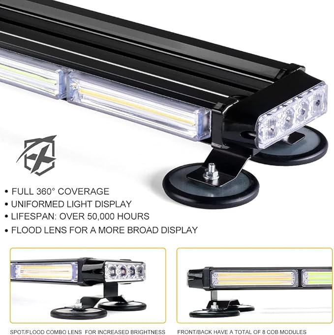 Xprite 26" COB LED Strobe Rooftop Flashing Light Bar, Double Side Hazard Warning Beacon Lights w/Magnetic Mount for Emergency Vehicles Construction Cars Trucks Traffic Security White Green