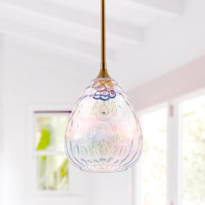 Stained Hammered Glass Pendant Light with Brass Gold Accent, Adjustable Hanging Lamp for Kitchen, Dining Room, and Living Room