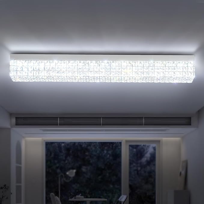 ykolupty L 40" Modern Rectangle Chandelier Silver Rectangular Flush Mount Chandelier Crystal Ceiling Light Fixture for Dining Living Room Kitchen Island
