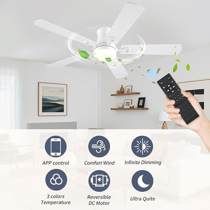 KNUN Ceiling Fans with Lights,52 Inch Low Profile Ceiling Fan with Light and Remote Control,Flush Mount,6 Speeds DC Reversible Motor, 3CCT Dimmable, Noiseless White Ceiling Fan for Living Room,Patio