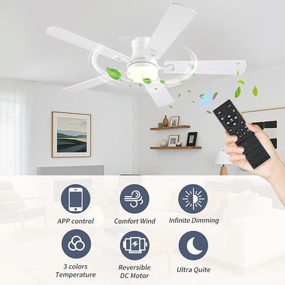 KNUN Ceiling Fans with Lights,52 Inch Low Profile Ceiling Fan with Light and Remote Control,Flush Mount,6 Speeds DC Reversible Motor, 3CCT Dimmable, Noiseless White Ceiling Fan for Living Room,Patio