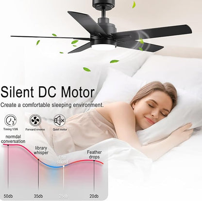 YUHAO 48 Inch Black Ceiling Fan with Light and Remote Control.Noiseless,Dimmable, 3CCT,6 Speeds Reversible, Modern DC Ceiling Fans for Indoor or Covered Outdoor Use,ETL Listed