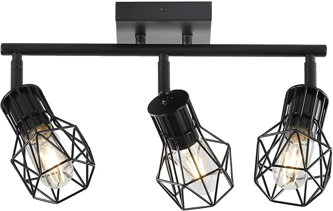3 Light Track Lighting Fixtures Ceiling，Black Flush Mount Ceiling Light with E26 Lamp Head, Industrial Black Kitchen Track Lighting for Kitchen, Living Room, Dining Room, Hallway