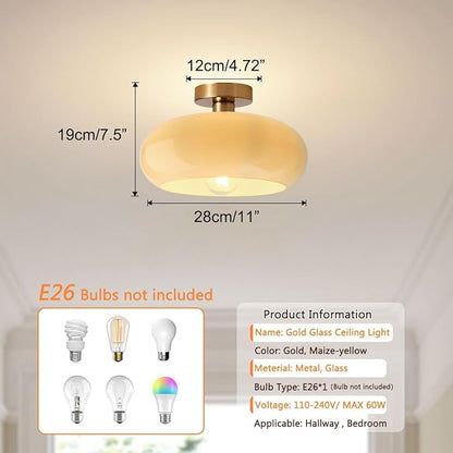 Gold Brass Flush Mount Ceiling Light Fixtures Mid Century Modern Ceiling Lights Brushed Milk Yellow Shade Glass Semi Flush Mount Light for Farmhouse Hallway Kitchen Sink Ceiling Lamp
