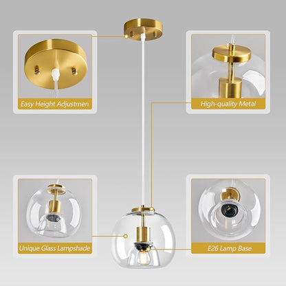 Clear Glass Pendant Lights Kitchen Island 2 Pack 7.87" Glass Globe Pendant Light Gold Hanging Light Fixture Modern Pendant Lighting for Kitchen Island Bedroom Dining Room