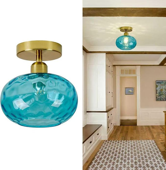 Luafac Blue Glass Semi Flush Mount Ceiling Light - 7.9 Inch Hammered Art Deco Glass Small Hallway Light fixtures, Vintage Gold Flush Mount Ceiling Light for entryway Foyer Laundry Room Kitchen