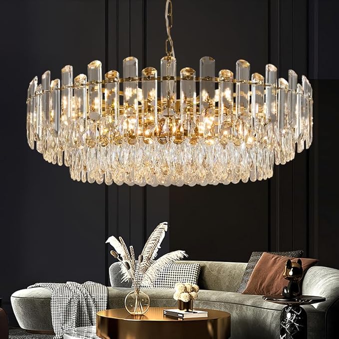 31.5" Gold Crystal Chandeliers Fully Transparent Crystal Modern3-Tier Luxury Pendant Light 12-Light Ceiling Pendant Lighting for Dinning Room Living Room Foyer