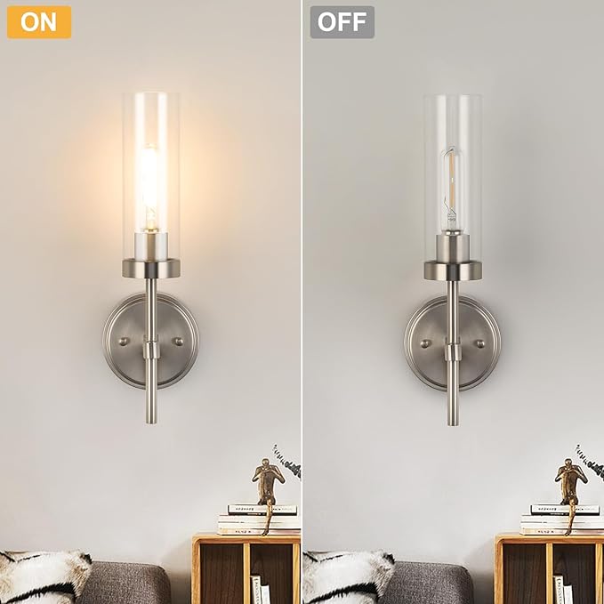 WILON Bathroom Wall Sconces 2 pcs, Vanity Lights for Bathroom, Indoor Wall Light Fixtures with Clear Glass Shades, Wall Lamp for Mirror Bedroom Living Room Bedside Hallway, Nickel