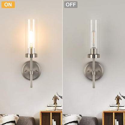 WILON Bathroom Wall Sconces 2 pcs, Vanity Lights for Bathroom, Indoor Wall Light Fixtures with Clear Glass Shades, Wall Lamp for Mirror Bedroom Living Room Bedside Hallway, Nickel