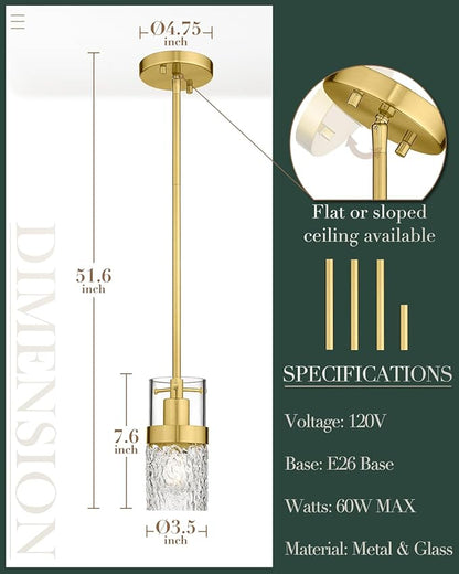 LMS Gold Pendant Light, 1-Light Pendant Lighting for Kitchen Island with Hammered Glass, LMS-171