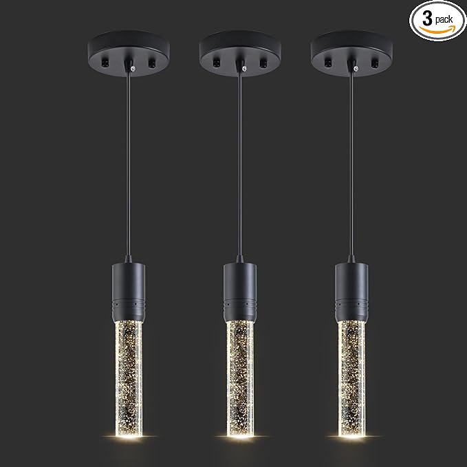 Black Pendant Lights Kitchen Island, Crystal Bubble Pendant Lights, Adjustable Modern Pendant Light Fixtures for Dining Living Room Bedroom 3 Pack
