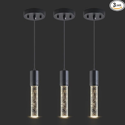 Black Pendant Lights Kitchen Island, Crystal Bubble Pendant Lights, Adjustable Modern Pendant Light Fixtures for Dining Living Room Bedroom 3 Pack