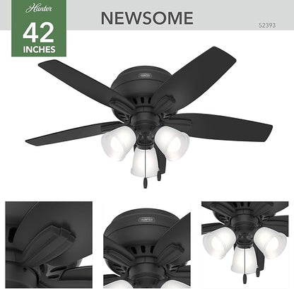 Hunter 42 inch Indoor Ceiling Fan with LED Lights - Black Ceiling Fan with Pull Chain, For Bedroom or Living Room, Low Profile Flush Mount, No Remote, 5 Blades - Newsome 52393, Matte Black