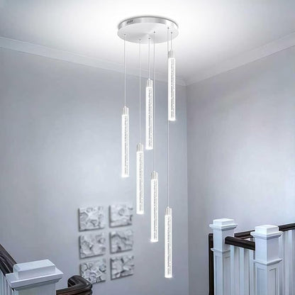 Silver 6-Light Modern Crystal Spiral Chandelier for Staircase High Ceiling Chandeliers Bubble Crystal Chandelier Lighting Cluster Hanging Light Fixture for Living Room Foyer