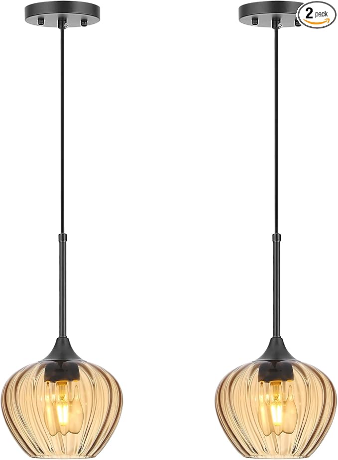 2Pack Amber Glass Pendant Light, 7 Inch Vintage Pendant Light Fixtures Modern Small Pendant Hanging Lights for Kitchen Island Dining Room Bathroom Coffee Bar