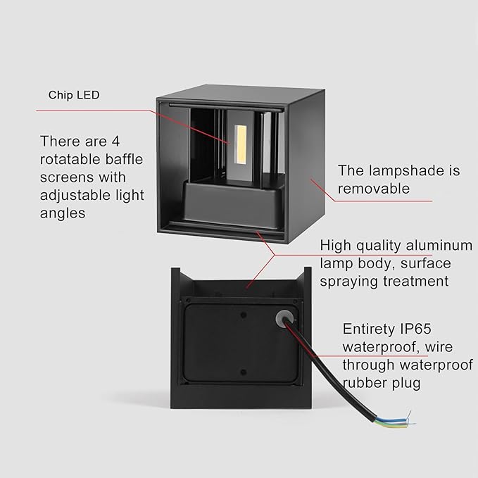 Mille Lucciole 4 Pack Outdoor Wall Lights Exterior/Interior LED Wall Sconces IP65 Waterproof Square Aluminum Wall Lamps Outdoor Lighting Fixture Up and Down Lights Modern Black 12W 6500K Cold Lights