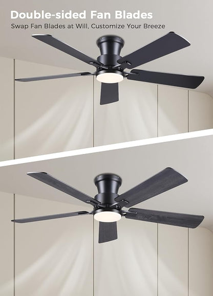 JSAITEE Ceiling Fans with Lights - Flush Mount Low Profile Flush Mount Ceiling Fans,DC Reversible Motor, 3CCT Dimmable, Noiseless, 6 Speeds Black Modern Ceiling Fan for Indoor/Outdoor