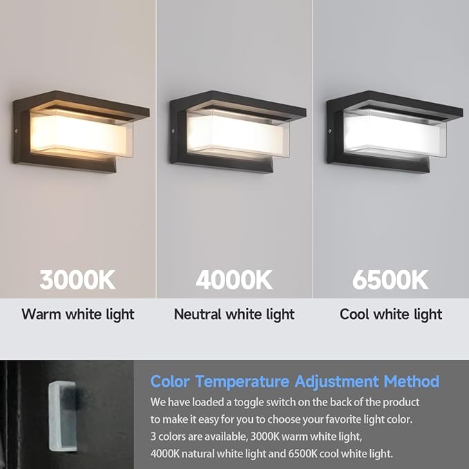 2-Pack 24W Modern LED Wall Sconces, ETL Certified, 3000K/4000/6500K Color Adjustable, 10-100% Dimmable Outdoor Wall Lights, 2160LM IP65 Waterproof Exterior Lighting Fixtures for Porch, Patio