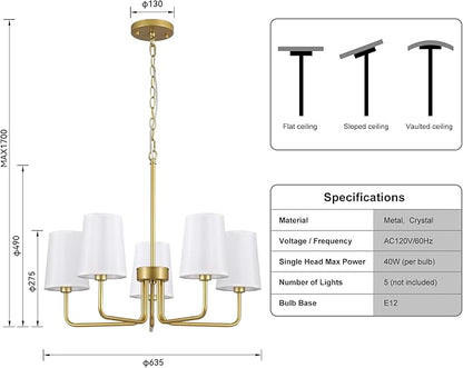 Modern Farmhouse Chandelier, 5-Light Gold Chandelier White Fabric Shade, Height Adjustable Industrial Pendant Light for Kitchen Over Table, 25‘’Dining Room Light Fixture for Living Room