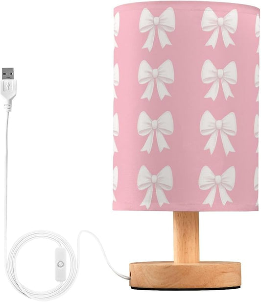 Bedside Table Lamp Cute White Bow Pink Nightstand Lamp with Wood Desk Lamps for Bedroom Living Room Nursery Office Home Decor