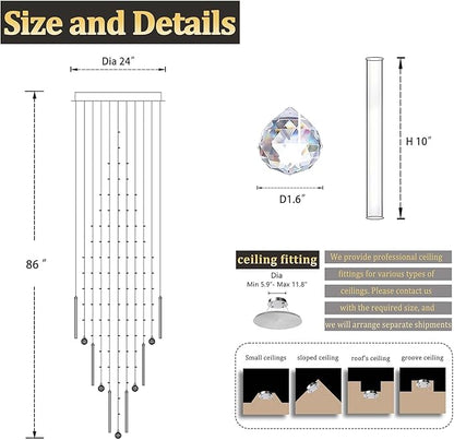 Flashing God D24''XH86'' Modern Foyer Chandelier for High Ceiling Raindrop Crystal Chandelier High Ceiling Pendant Light Fixture for Hallway Living Room (Black Staircase Chandeliers)