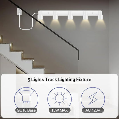 Track Lighting Plug in, 30" LED Track Light Fixtures Ceiling, White 5 Way Spotlight, Rotatable Head, Plug Wall Lights with 14.8FT Cord, Ceiling Lighting for Kitchen Hallway Bar(GU10, NO Bulb)
