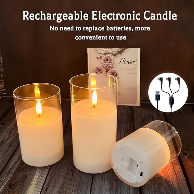 Rechargeable Flameless Glass Pillar Candles–Gifts for Women,–Set of 5, Realistic Flickering LED Light,Remote & Timer, Ideal for Living Room, Bedroom & Festival Wedding Party Décor